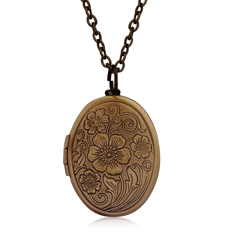 Pendentif ovale en laiton  sculpté, fleur à rayures, médaillon, Vintage, avec votre  photo comprise.