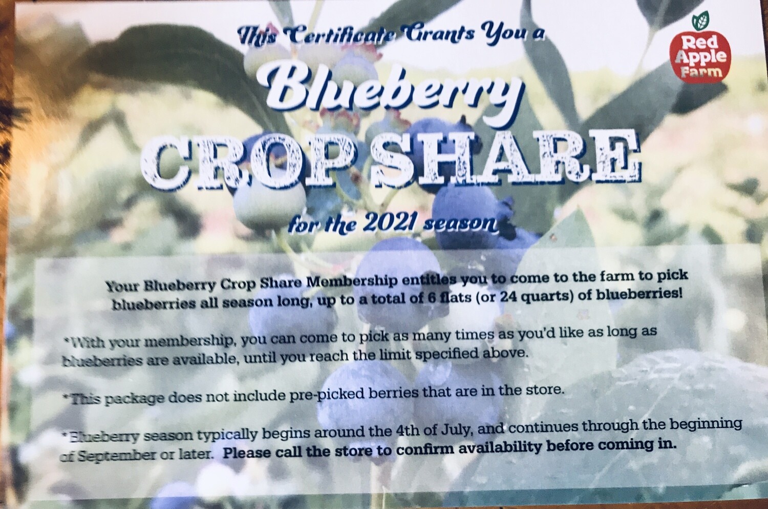 BLUEBERRY CROP SHARE Gift Certificate BLUEBERRY CROP SHARE Gift Certificate