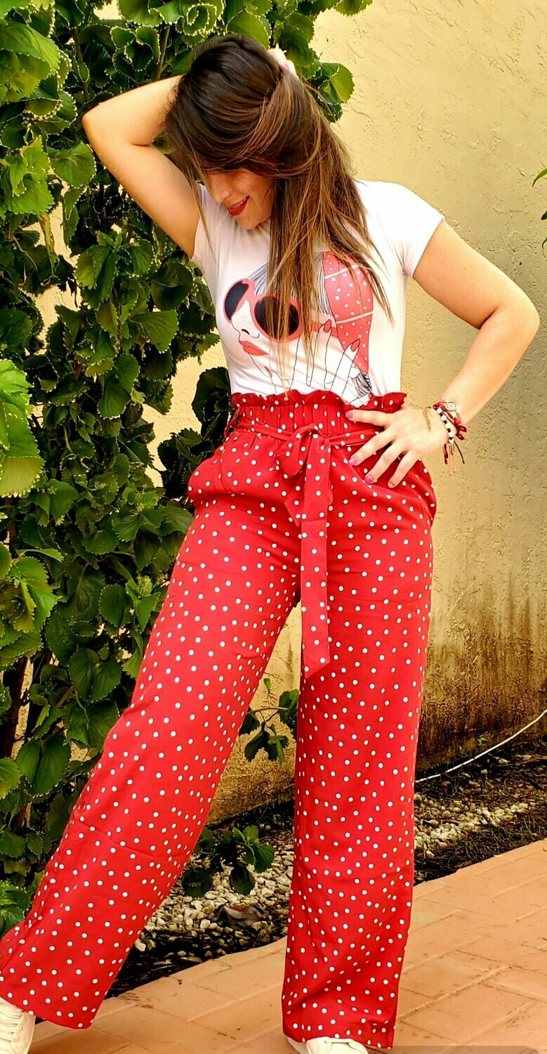 red pants, white polka dots