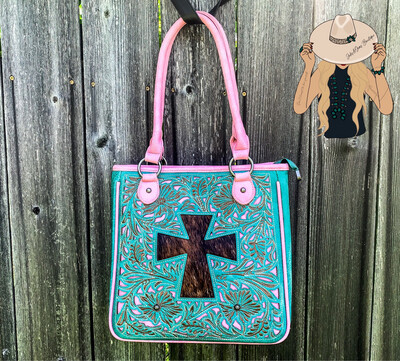 Pink&amp;Turquoise Hair On Hide Cross Concealed To Carry Shoulder Bag