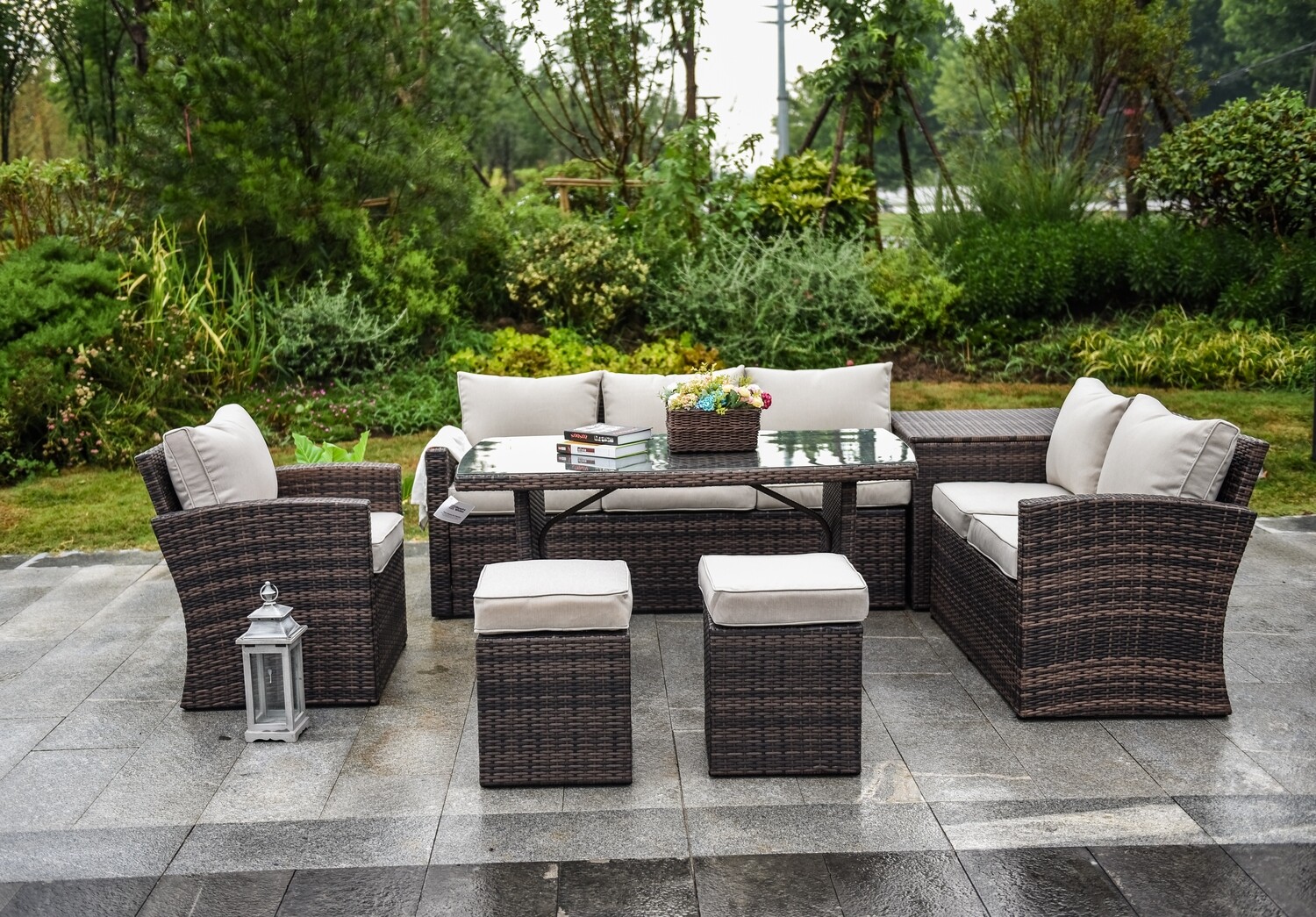 Wicker 7-Piece Wicker Outdoor Sectional Set with Beige Cushions