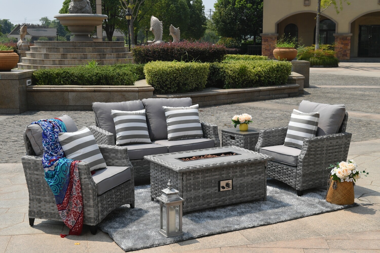 Direct Wicker Sofa Set With Gas Fire Pit Coffee Table