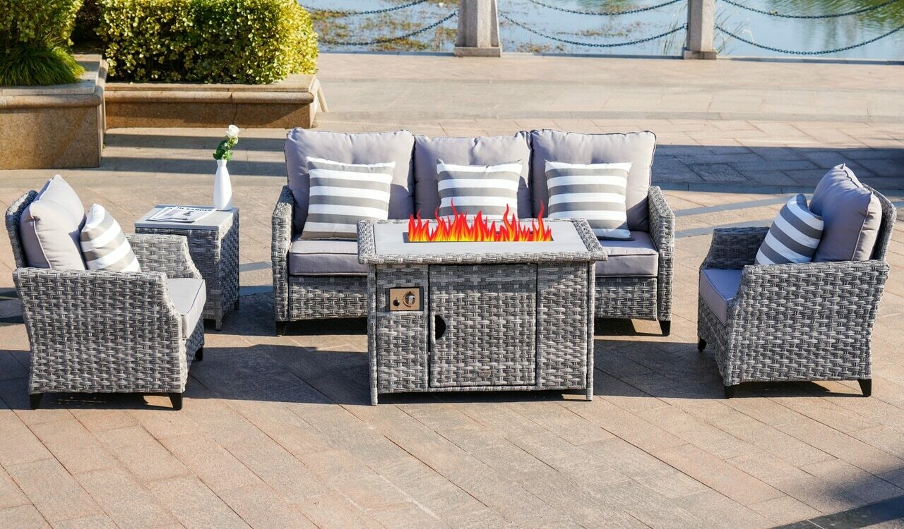 Upgrade and heighten 5-Piece Outdoor Wicker Patio Sofa Set with Gas Fire Pit Table