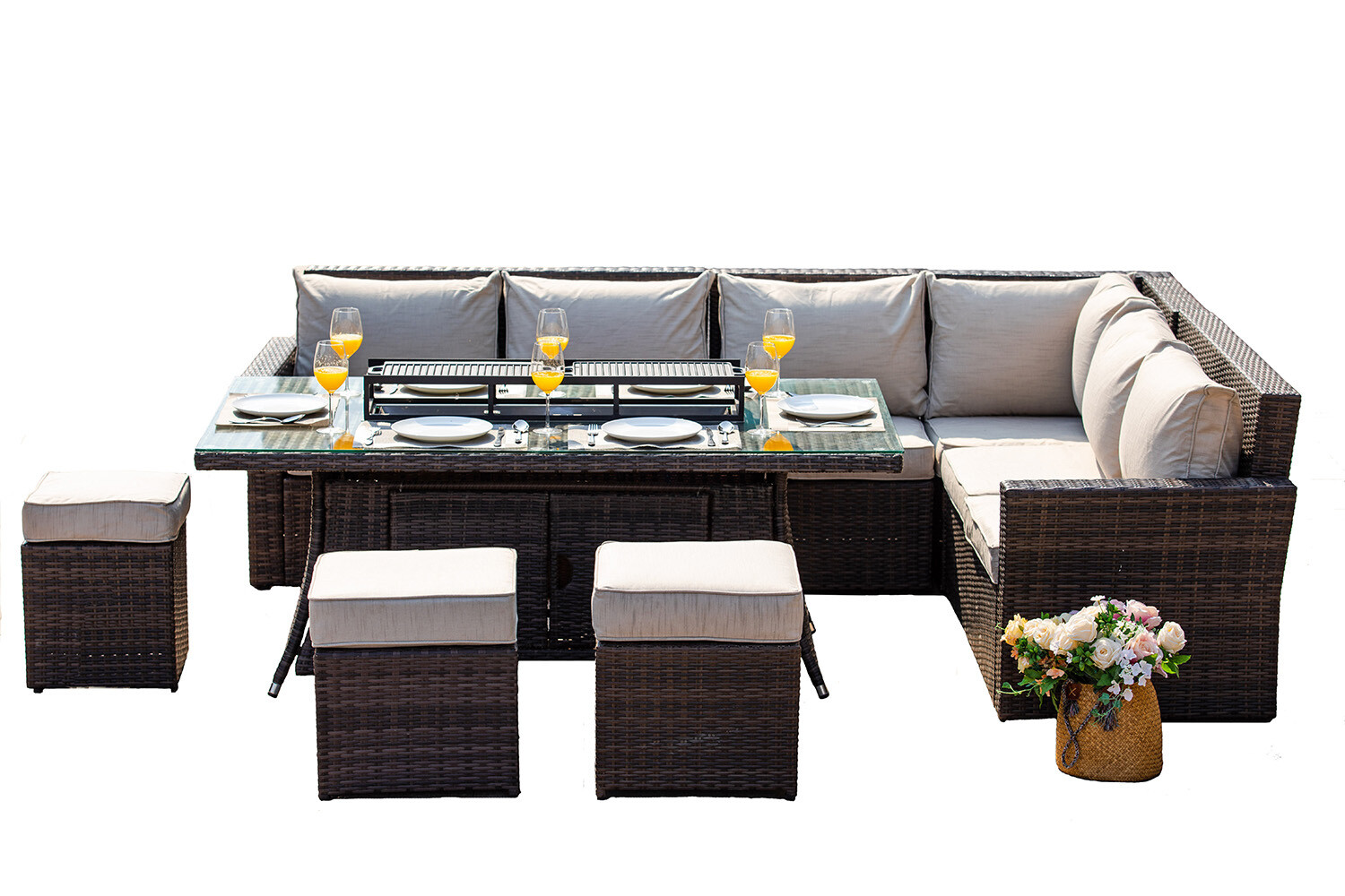 8-piece New Fashion Wicker Sofa Set with Gas Fire Rectangle Dining Table