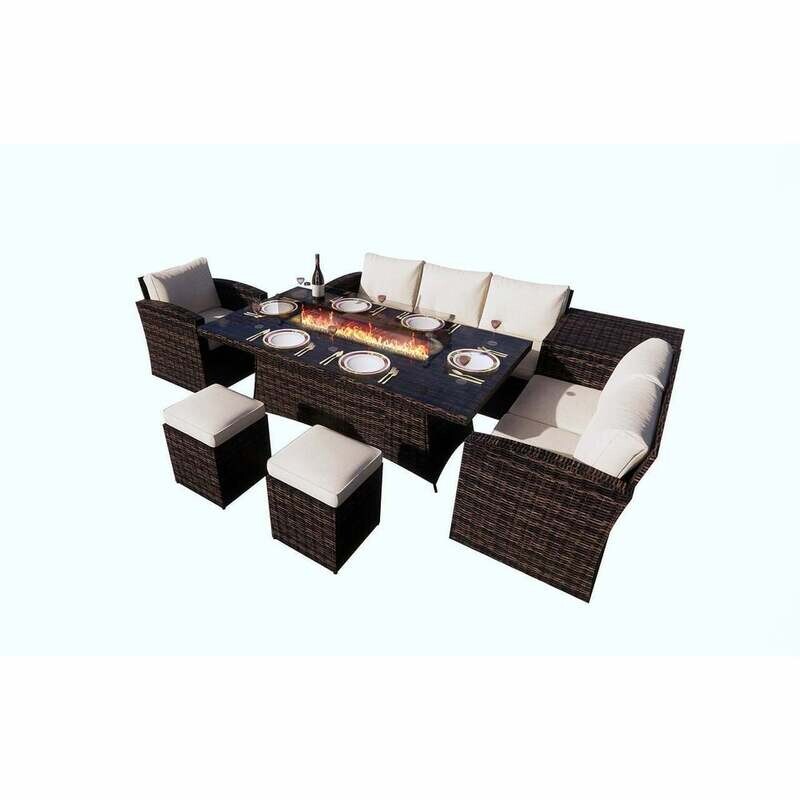 Gas Fire Rectangle Table Patio Wicker Dining Table with Sofa Set