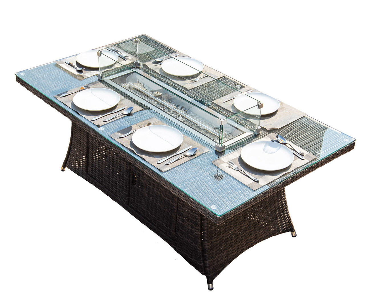 6 Seat Rectangular Fire Pit Dining Table (Glass or Aluminum Top)