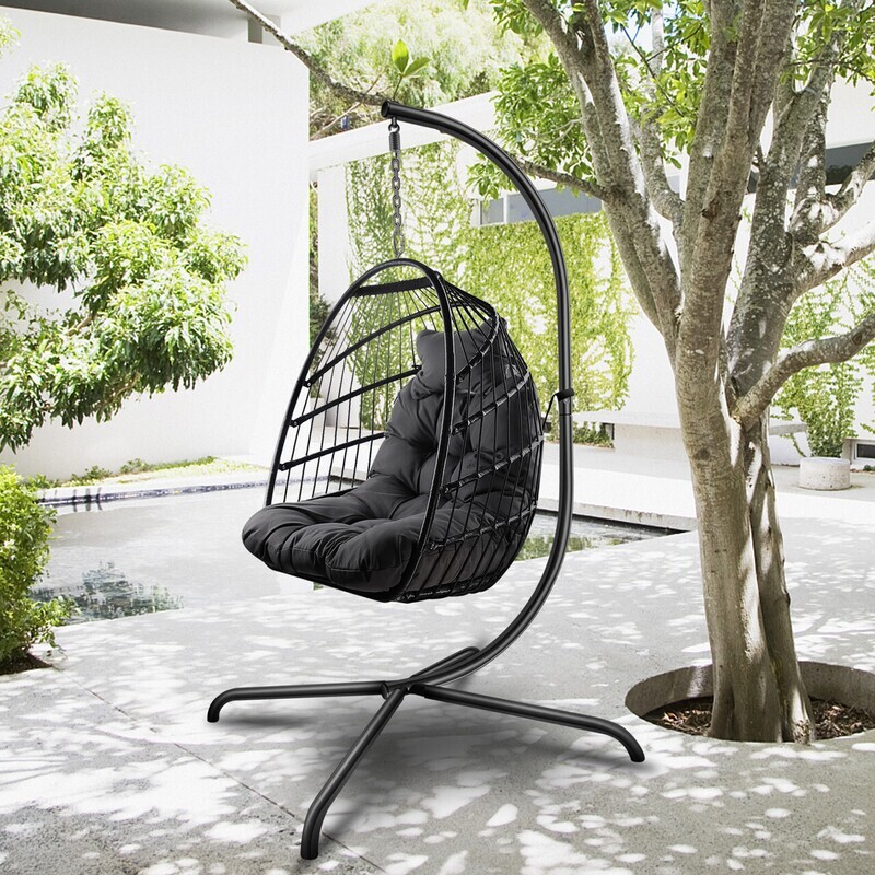 One Seat Wicker Rattan Outdoor & Indoor Swing Egg Chair with C Type Bracket, Cushion and Pillow