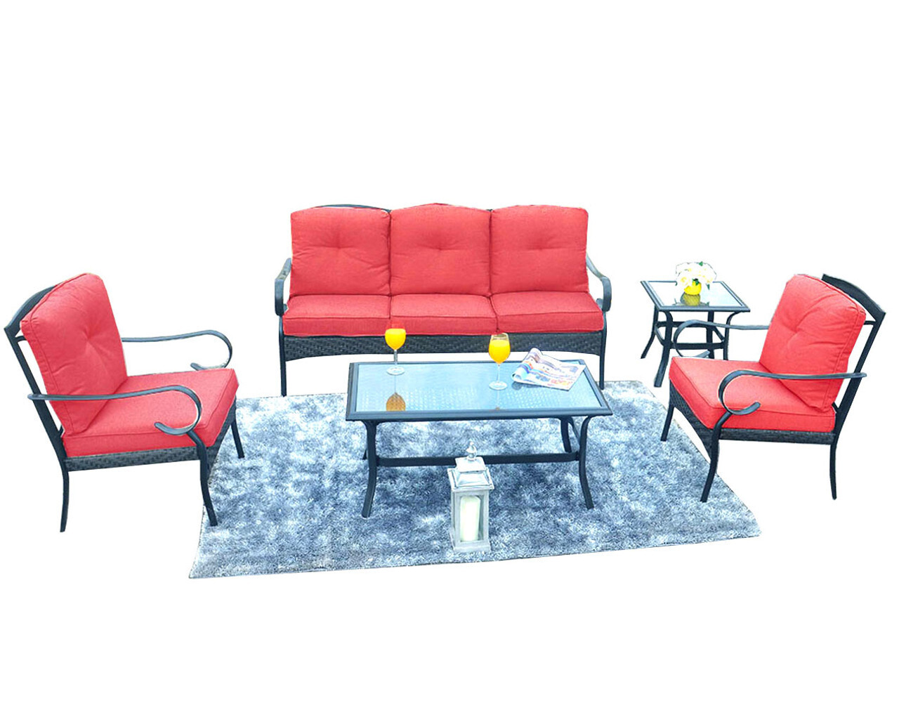 Patio Garden Iron Seating Set with Red Cushions