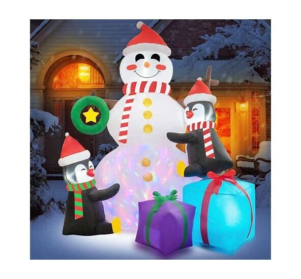 6 Feet Inflatable Snowman with Penguins, Colorful Rotating LED Lights