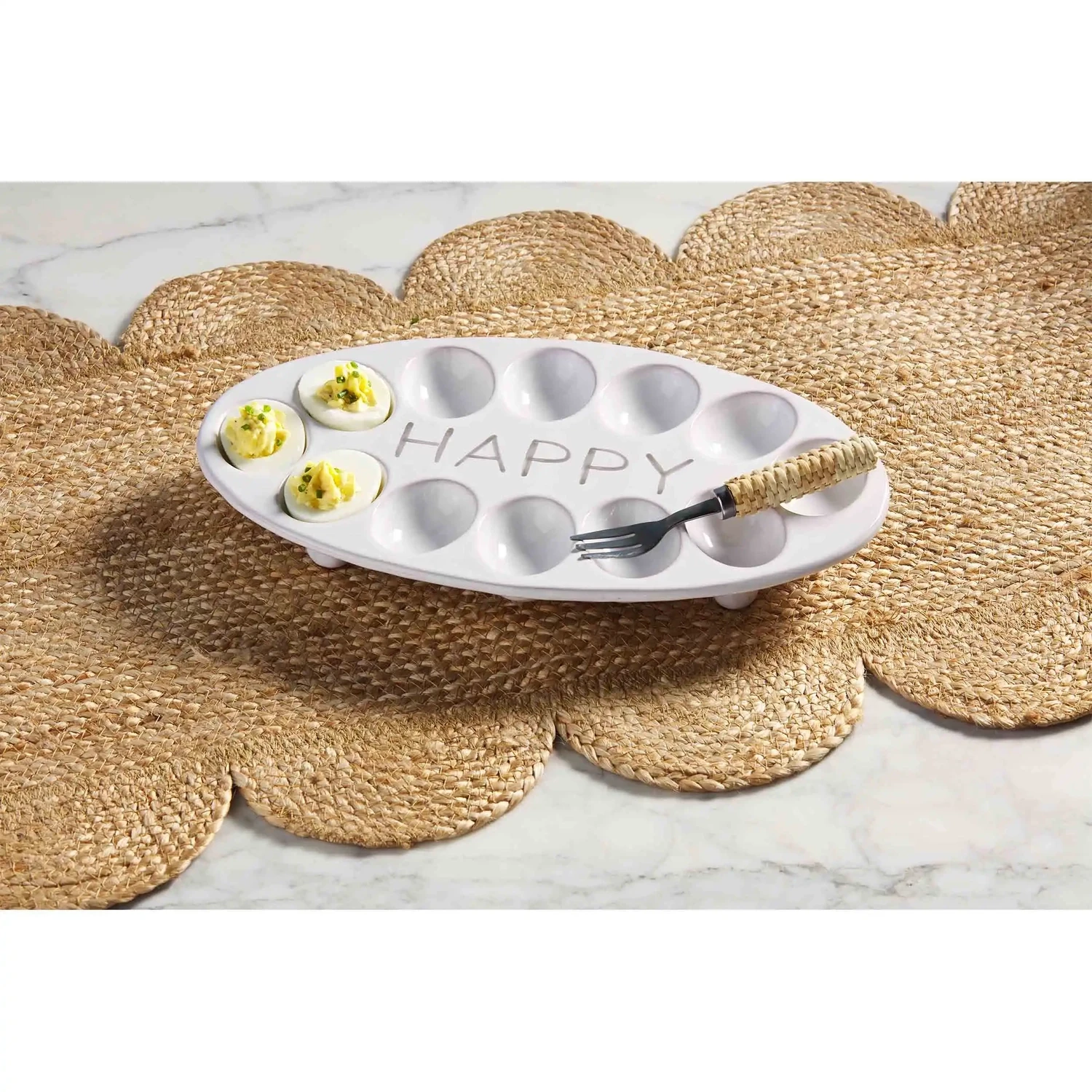 Deviled Egg Dish, Choices: Happy dish with fork