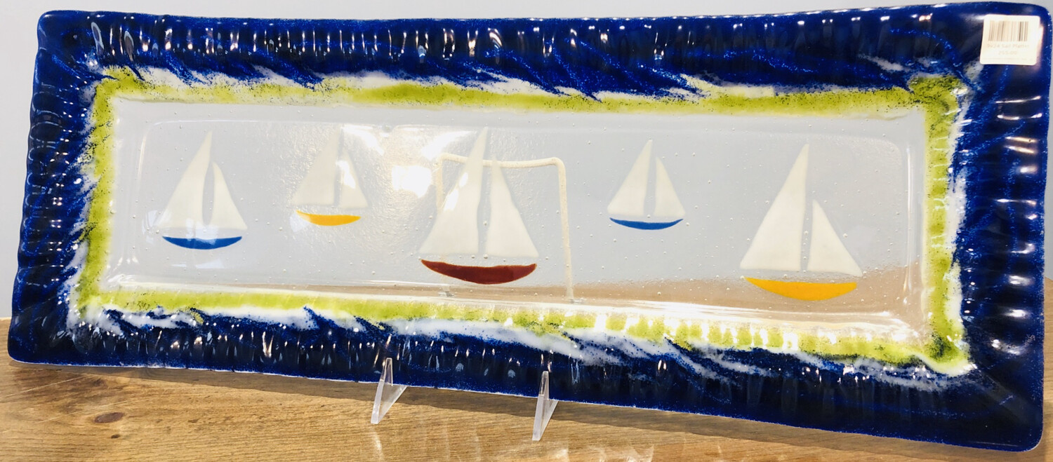Blue Sailboat Platter, 9x24 - Kiln Art