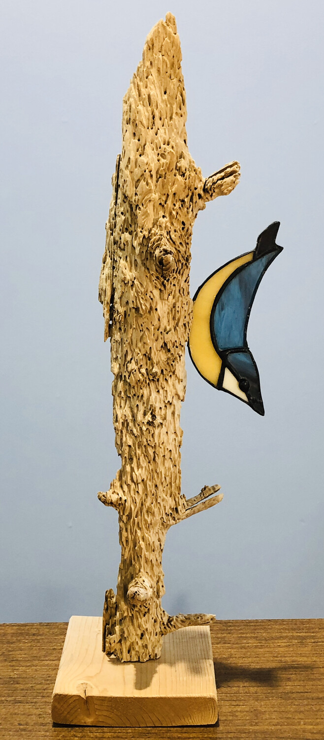 Stained Glass Nuthatch on Driftwood