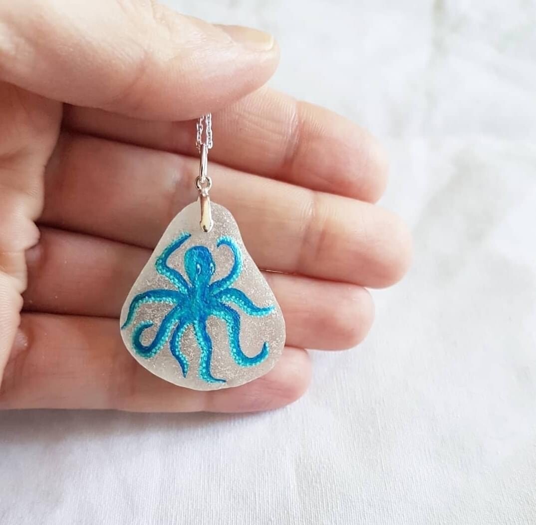 Painted Octopus on Sea Glass Necklace- I Dream in Colour