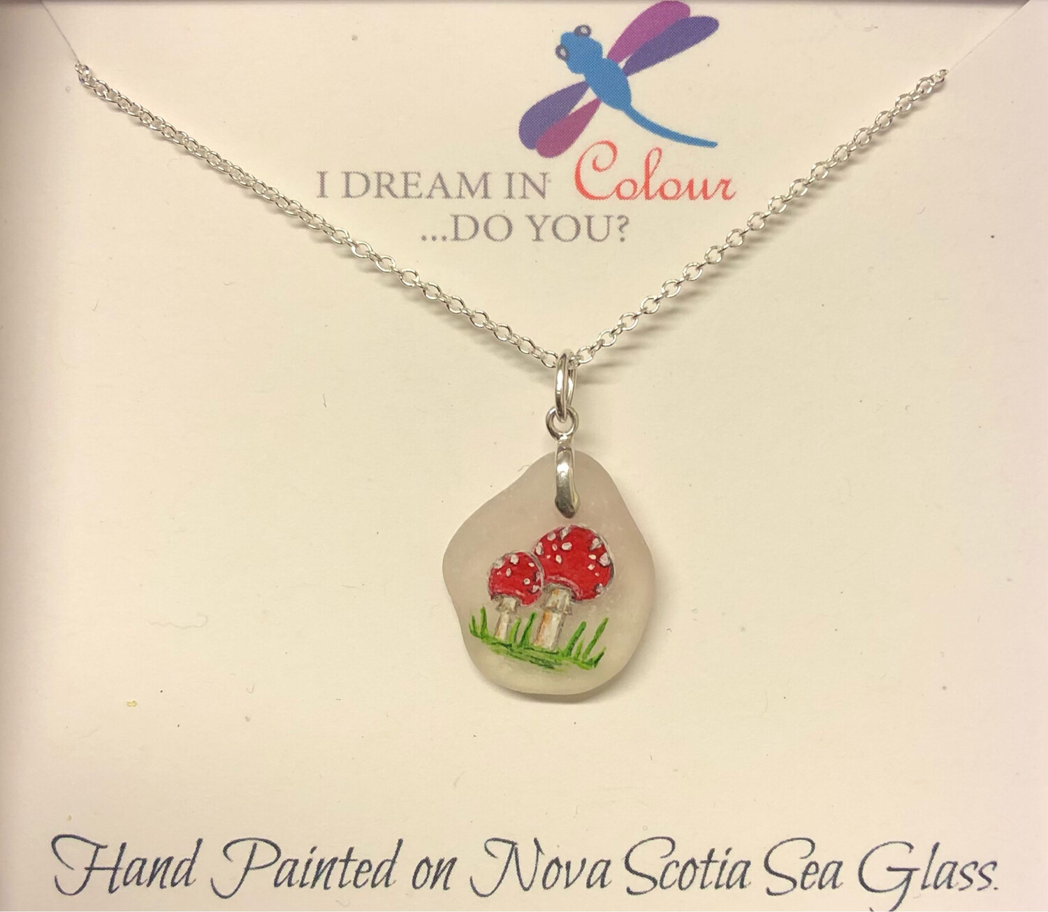 Painted Red Mushrooms on Sea Glass Necklace- I Dream in Colour