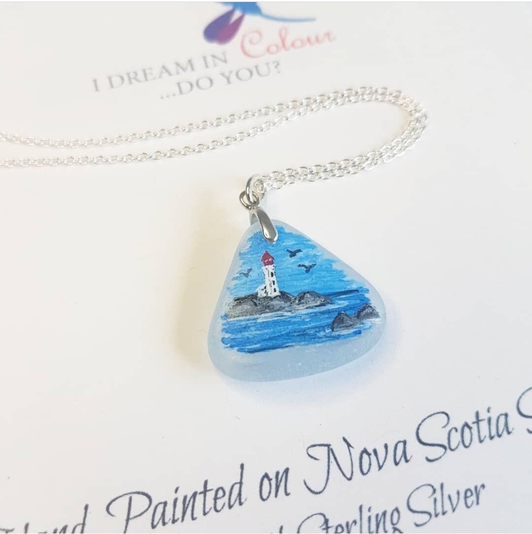 Painted Sea Glass Necklace, Lighthouse Scene- I Dream in Colour 