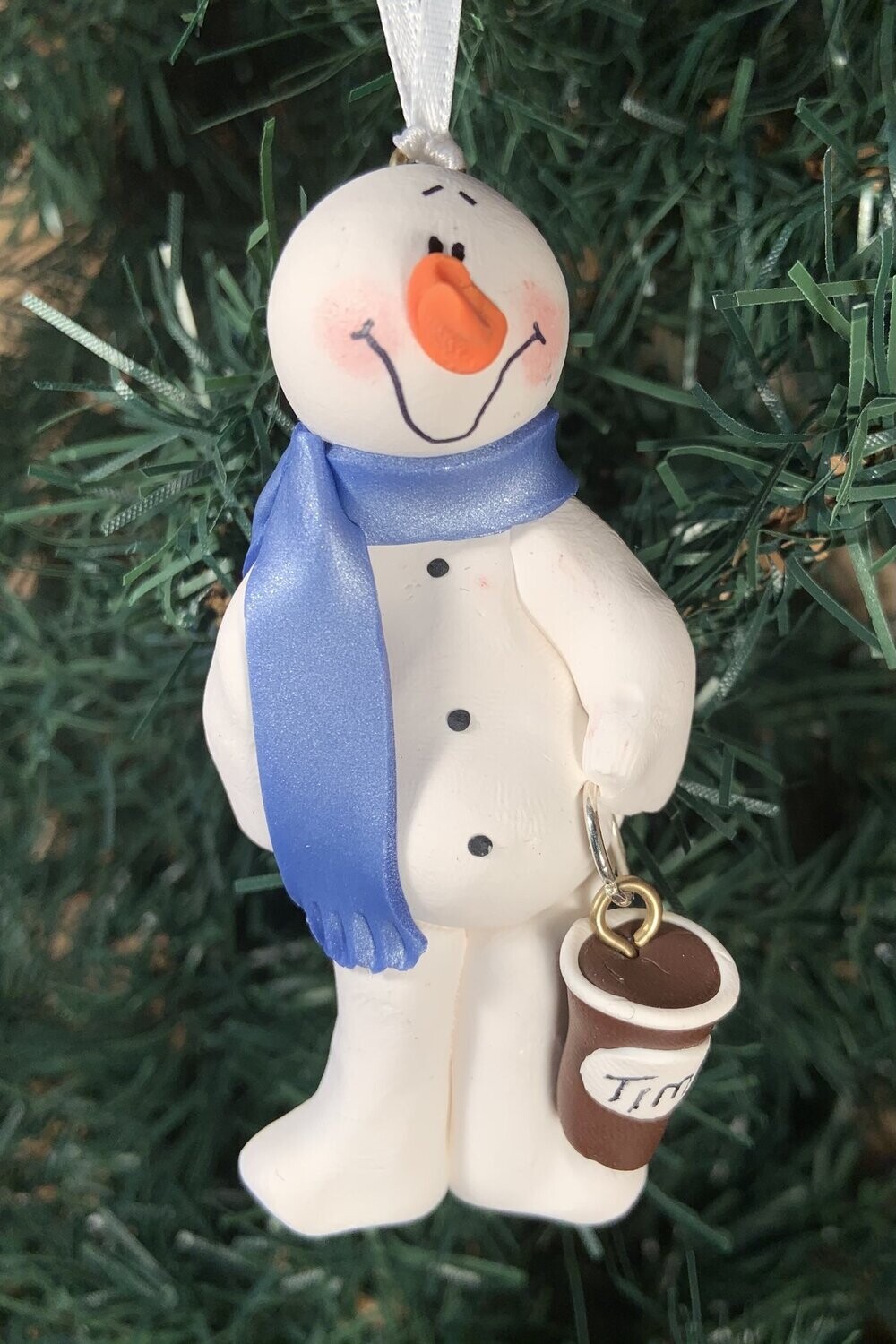 Blue Scarf Coffee Snowman Ornament- Roberta Originals 