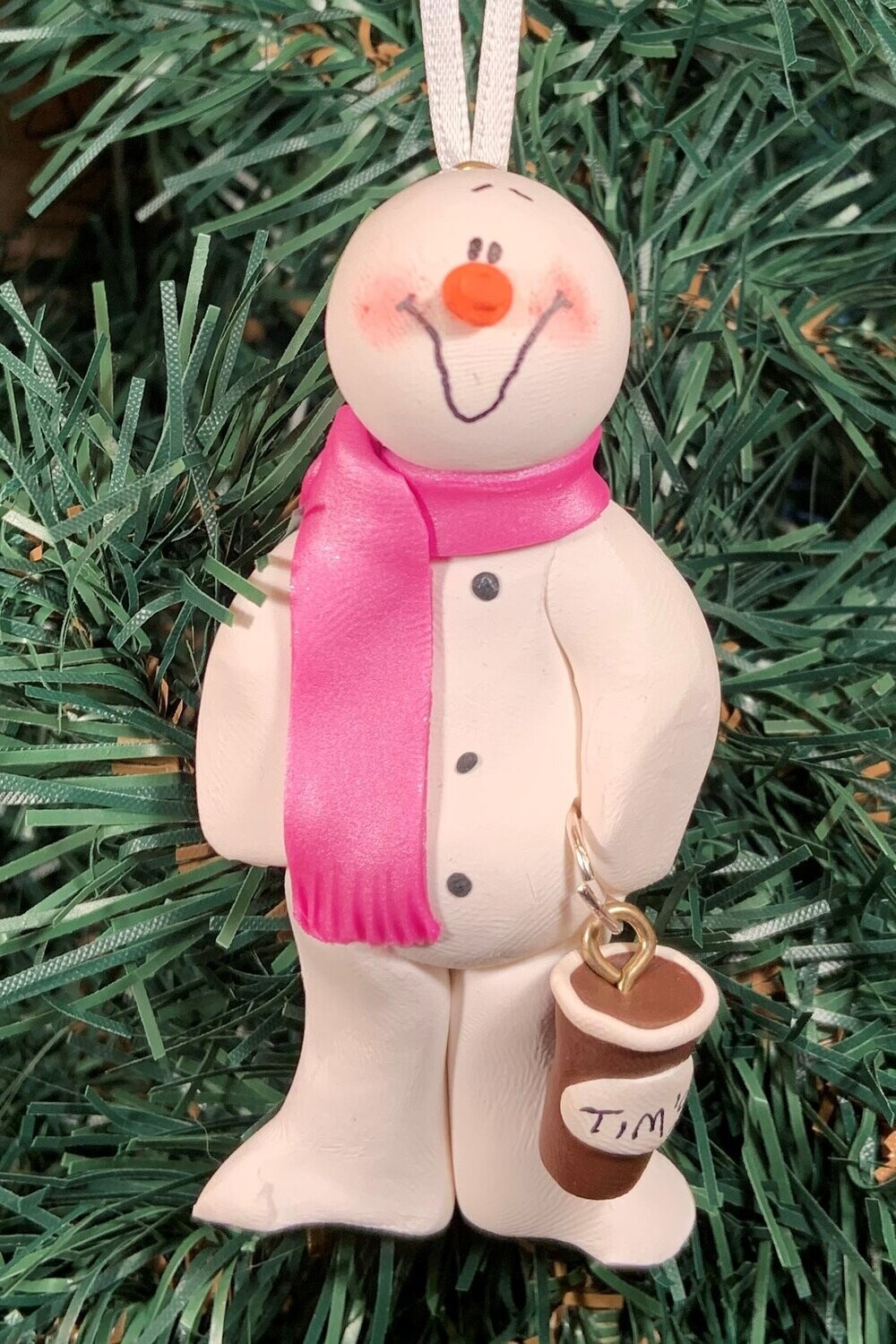 Pink Scarf Coffee Snowman Ornament- Roberta Originals 
