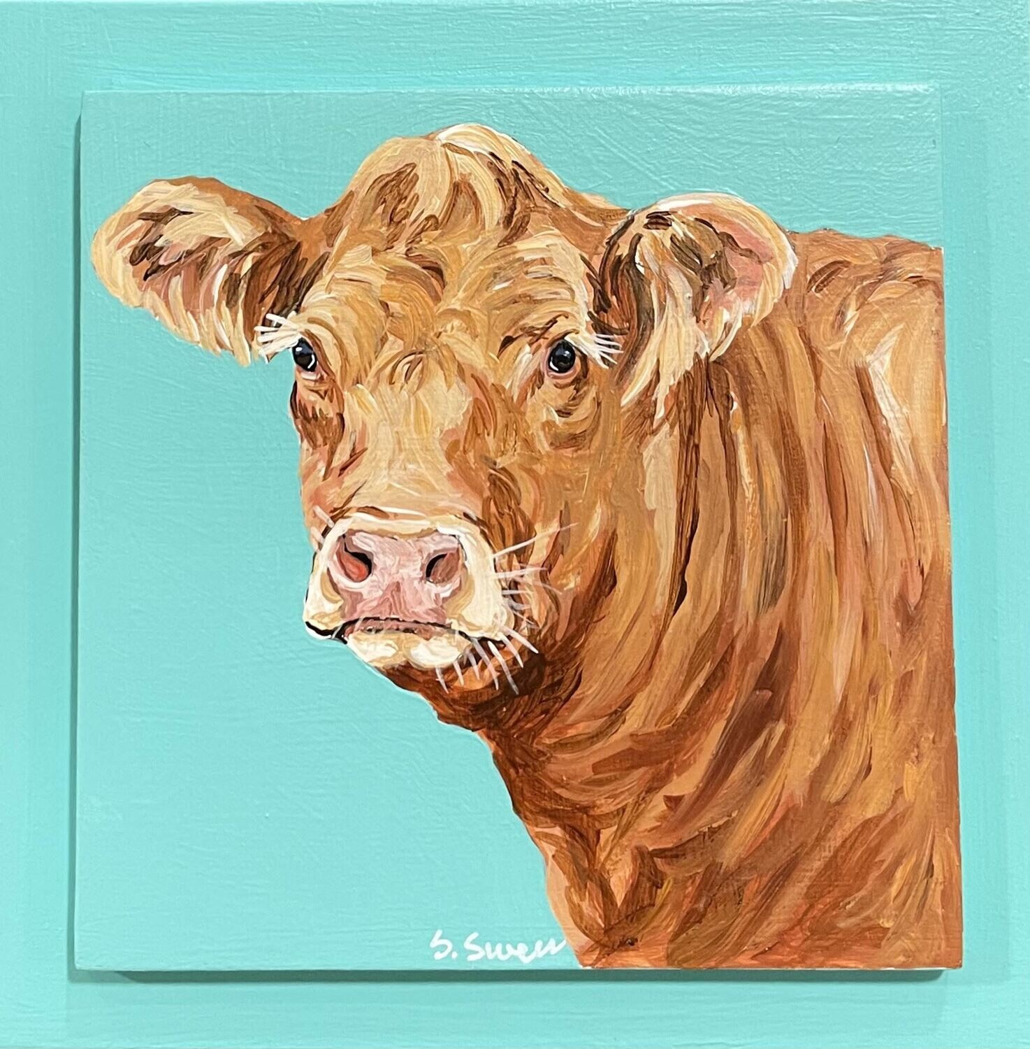 Polly the Red Cow on Light Teal