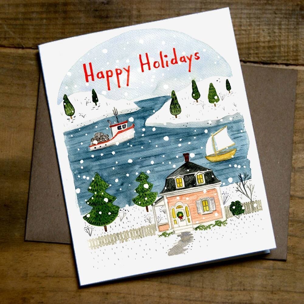 Kat Frick Miller Card- Fishing Village Happy Holidays 