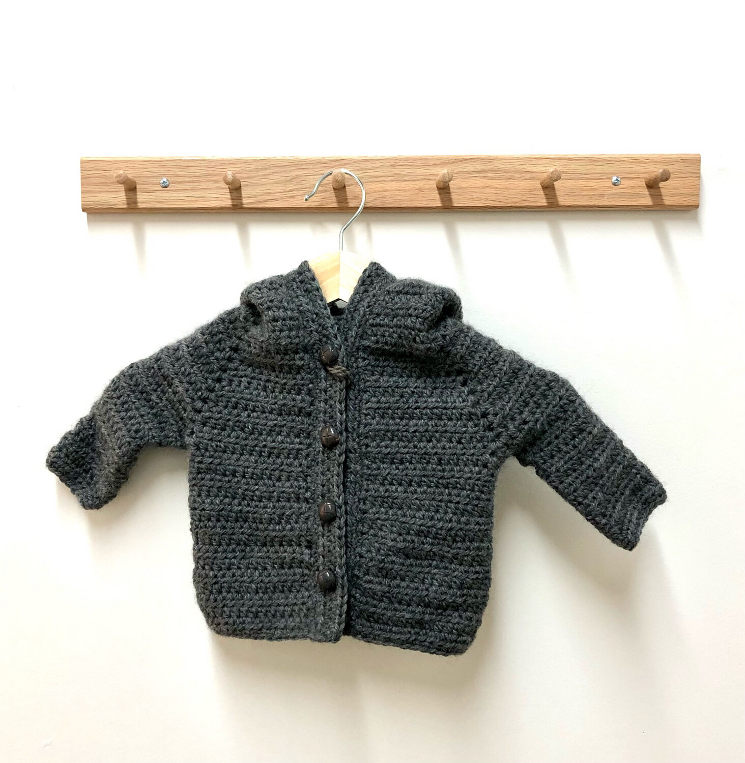 Grey Knit Baby Hooded Cardigan 12-24 Months, 4 Buttons