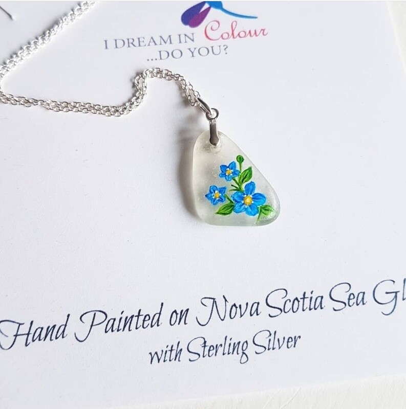 Painted Forget Me Nots on Sea Glass Necklace- I Dream in Colour Painted Forget Me Nots on Sea Glass Necklace- I Dream in Colour