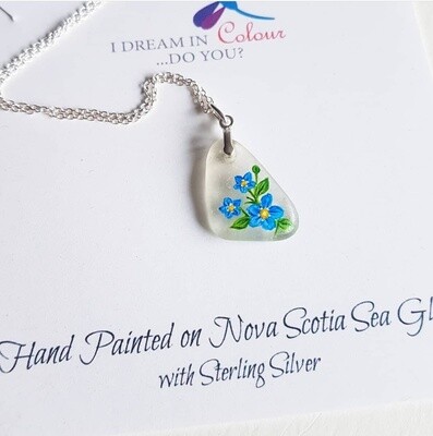 Painted Forget Me Nots on Sea Glass Necklace- I Dream in Colour Painted Forget Me Nots on Sea Glass Necklace- I Dream in Colour