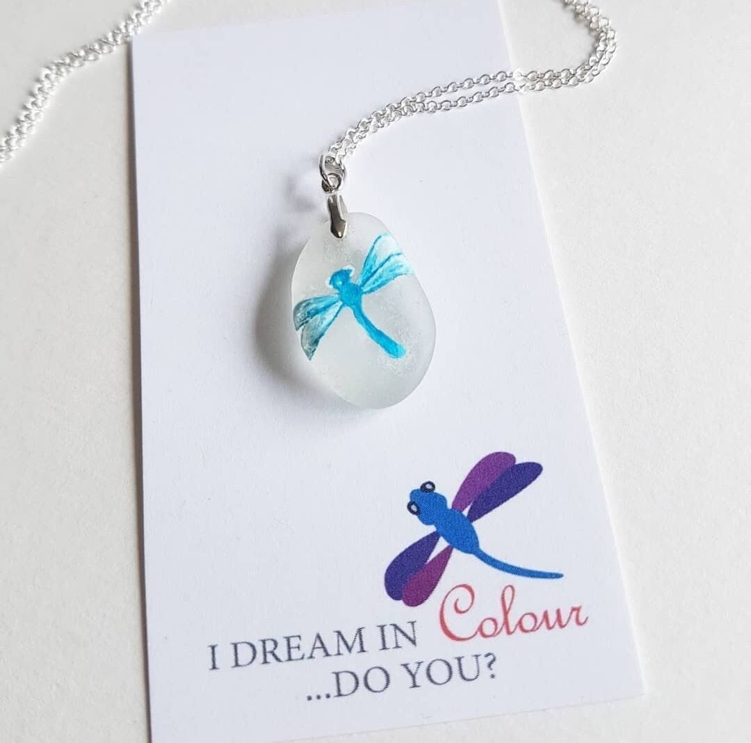 Painted Dragonfly on Sea Glass Necklace- I Dream in Colour