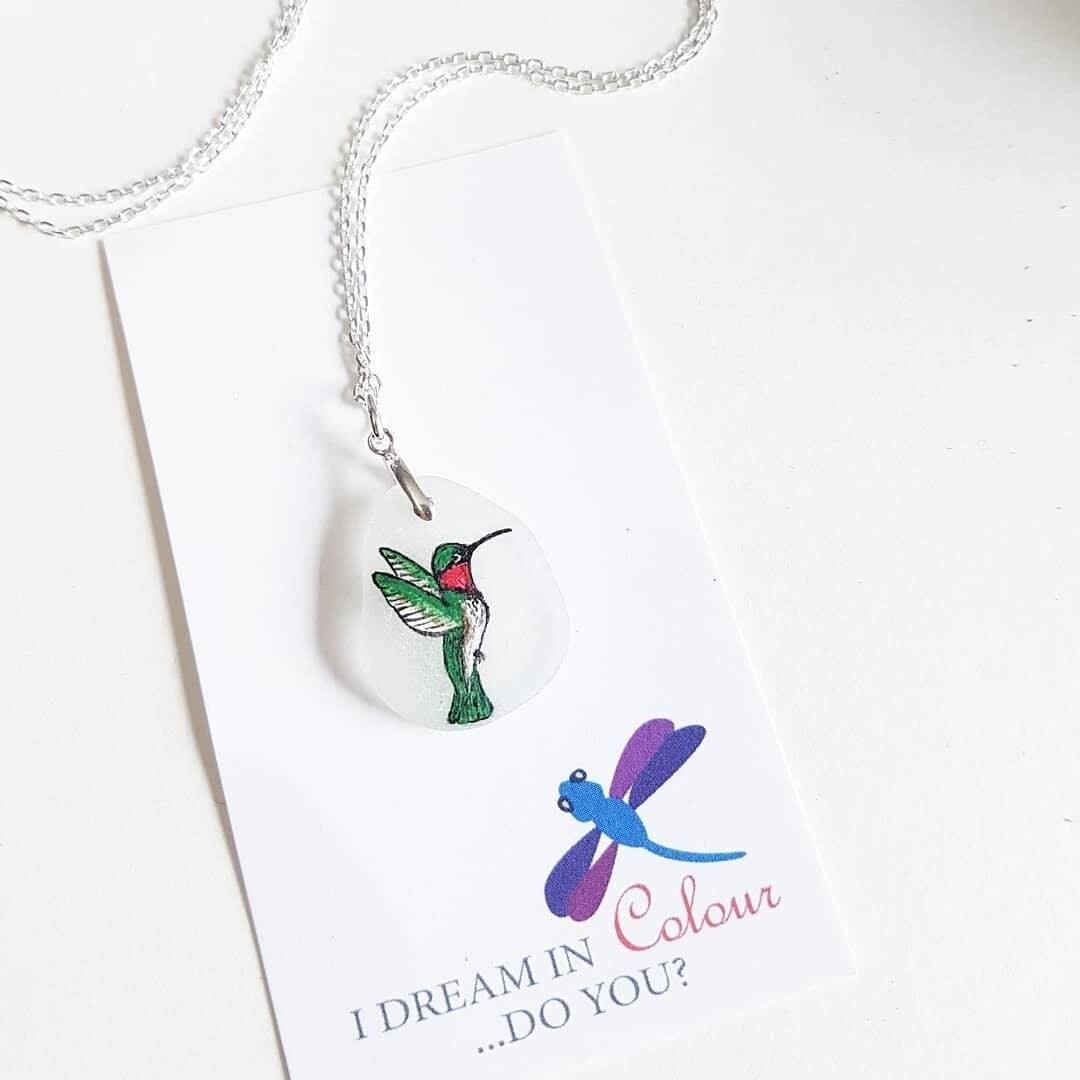 Painted Hummingbird on Sea Glass Necklace- I Dream in Colour