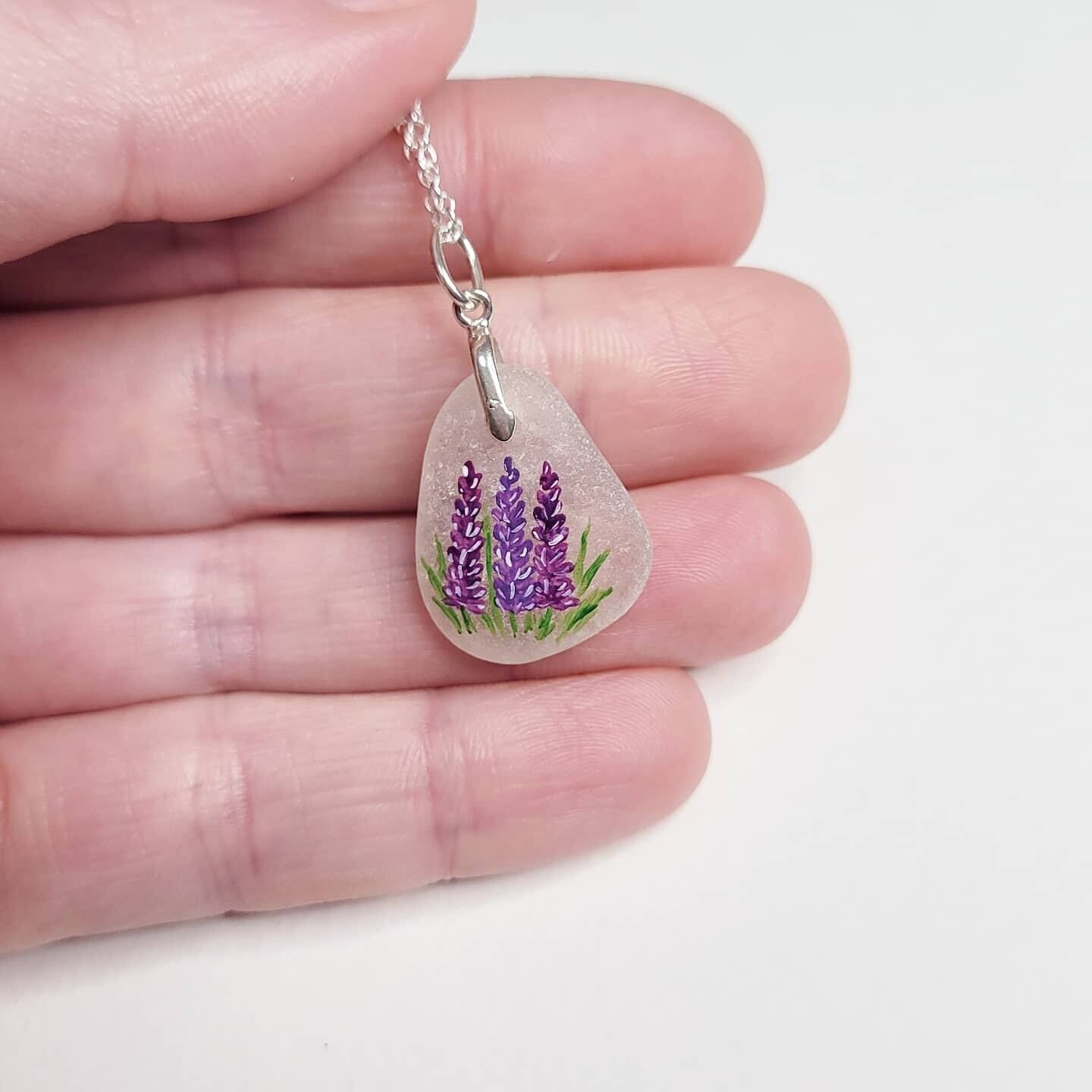 Painted Lupins on Sea Glass Necklace- I Dream in Colour