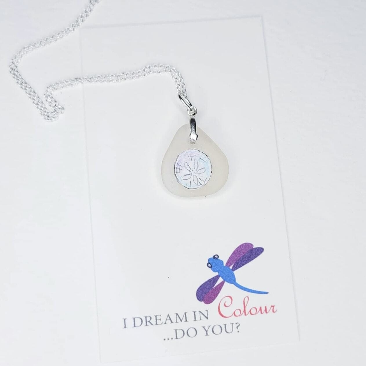 Painted Sand Dollar on Sea Glass Necklace- I Dream in Colour