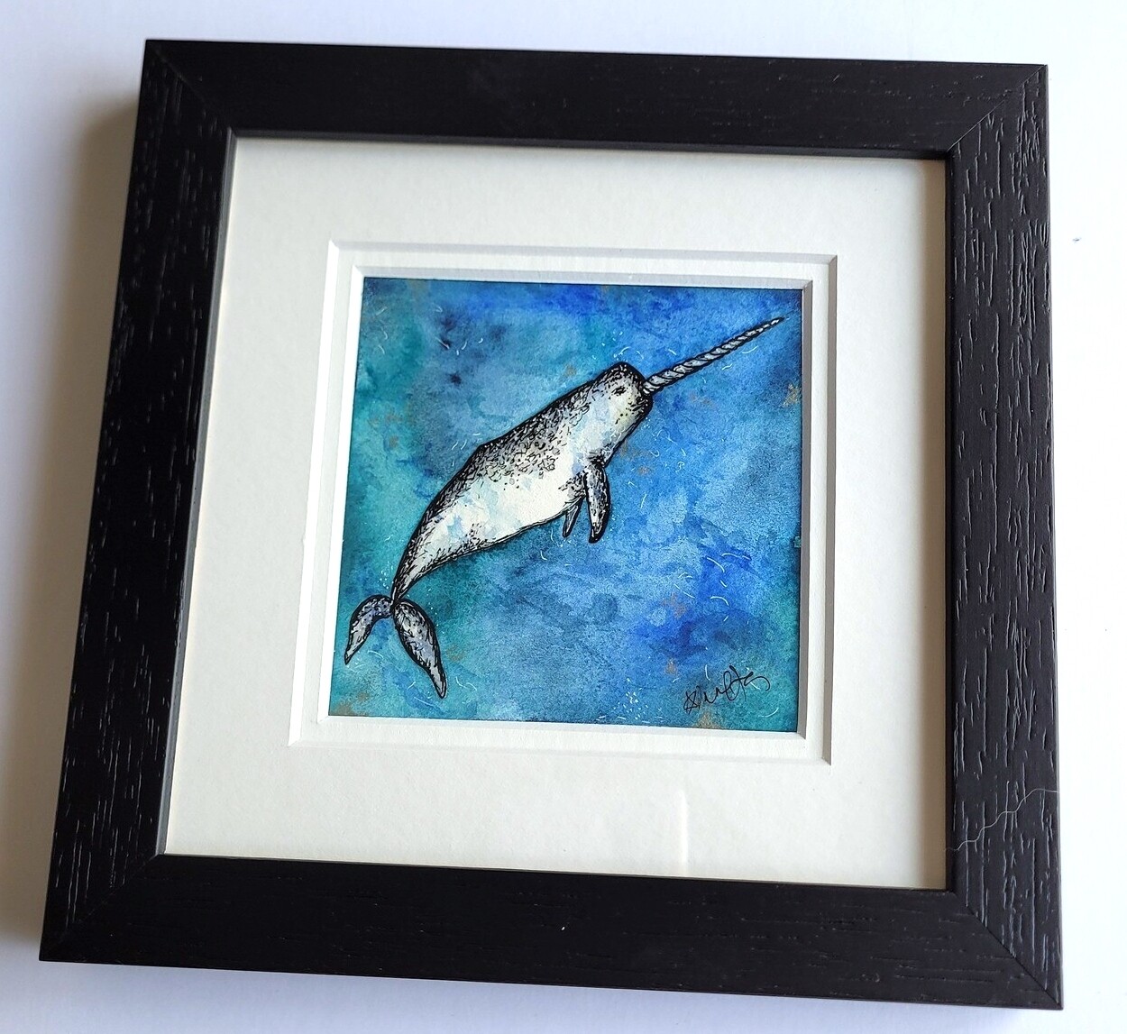 Narwhal Whale on Blue Background 