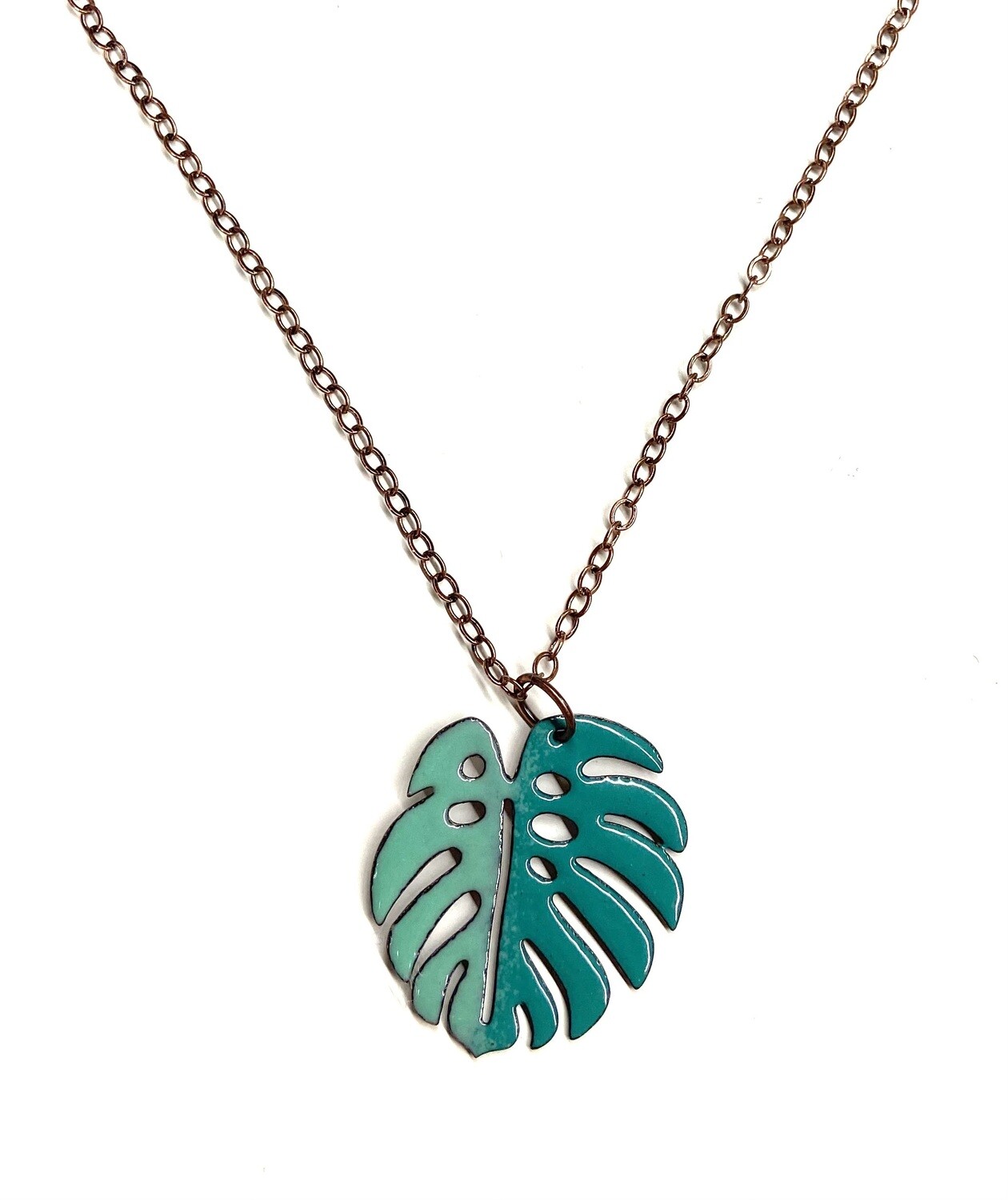 Aqua and Teal Monstera Necklace- Aflame 
