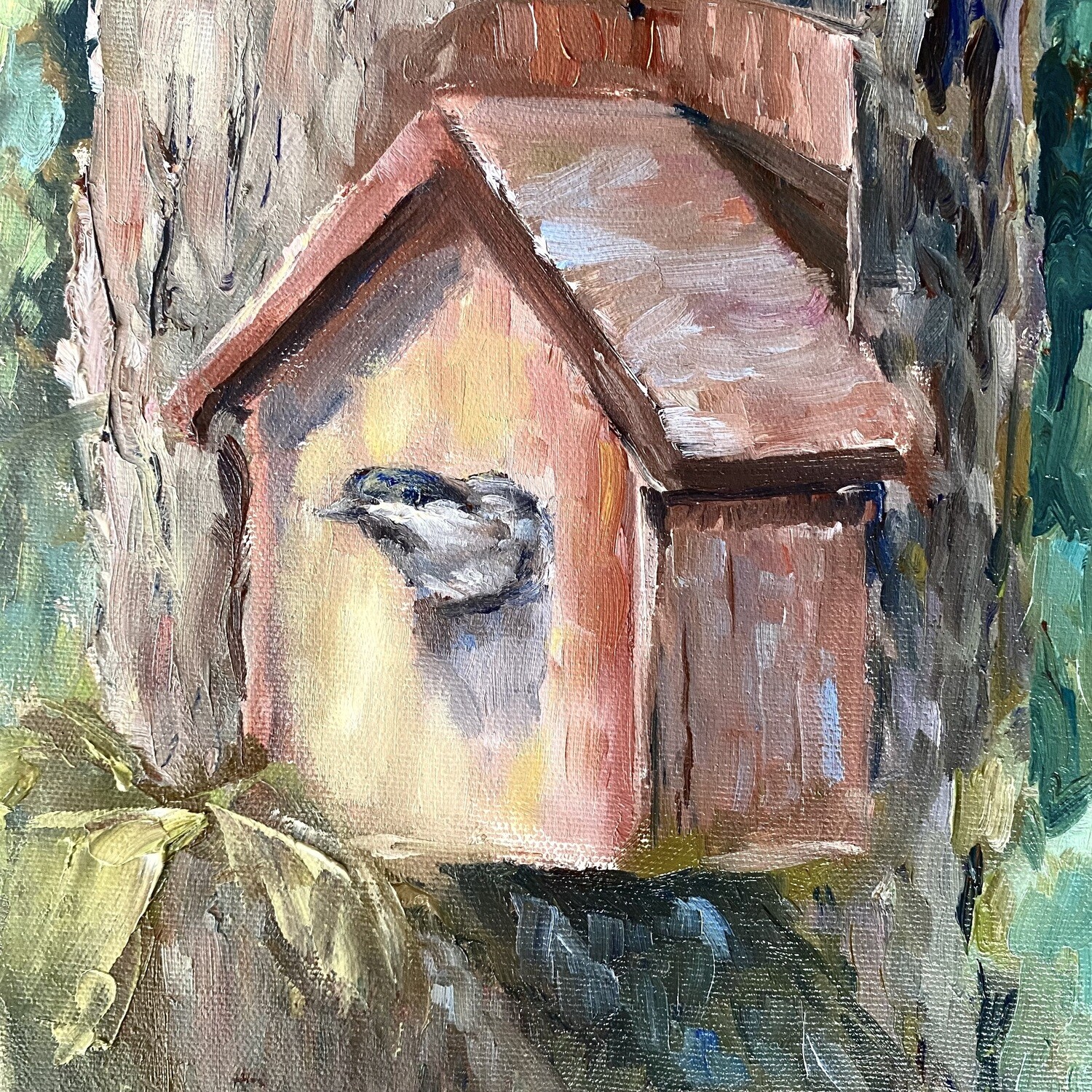 Heading Out, Chickadee in Birdhouse