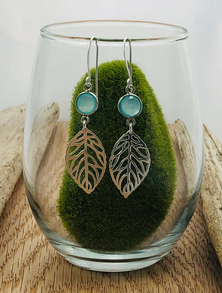 Aqua Gemstone Leaf Drop Earrings- Shy Giraffe Aqua Gemstone Leaf Drop Earrings- Shy Giraffe