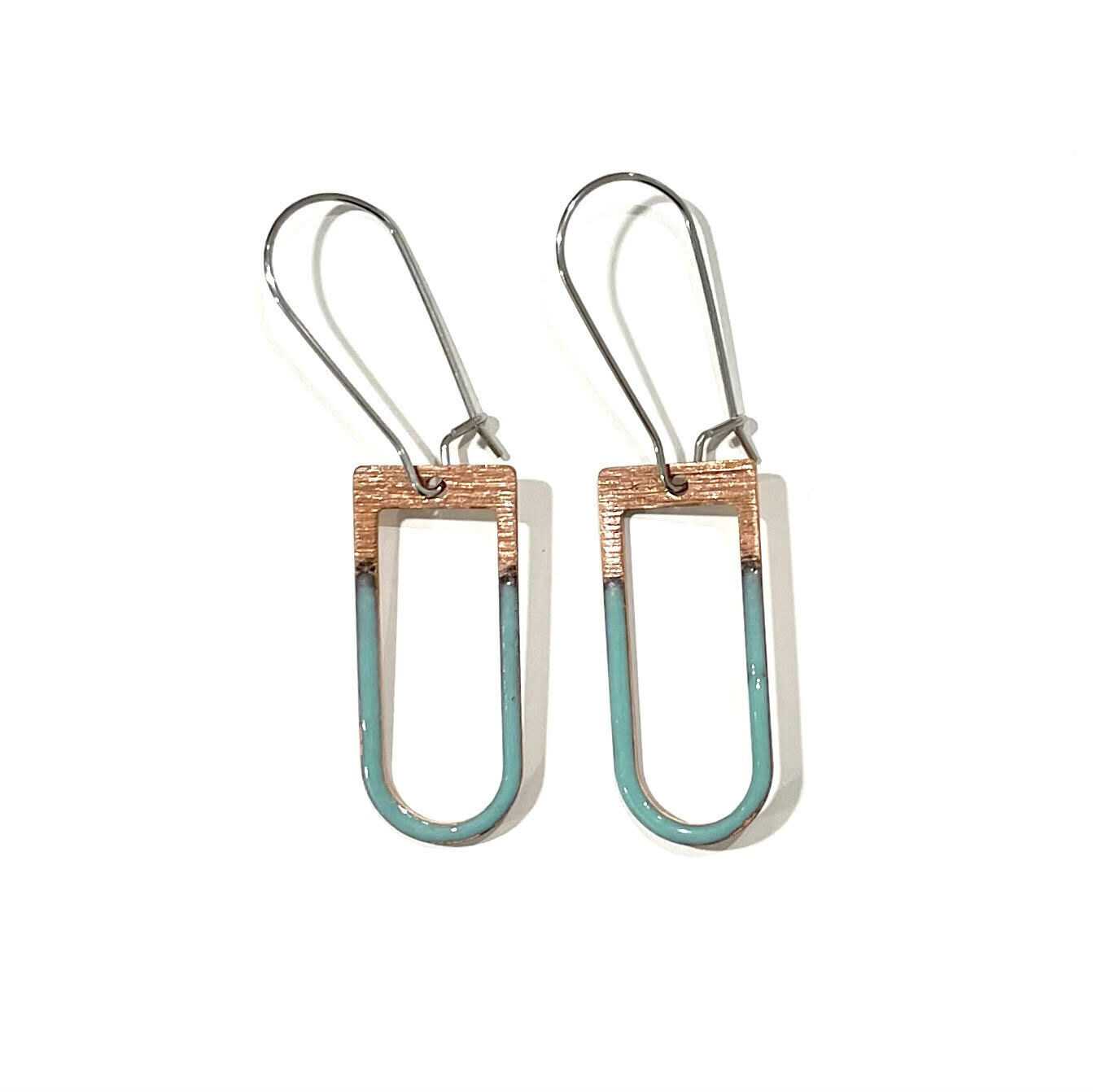Aqua and Copper Hollow Tab Earrings- Aflame