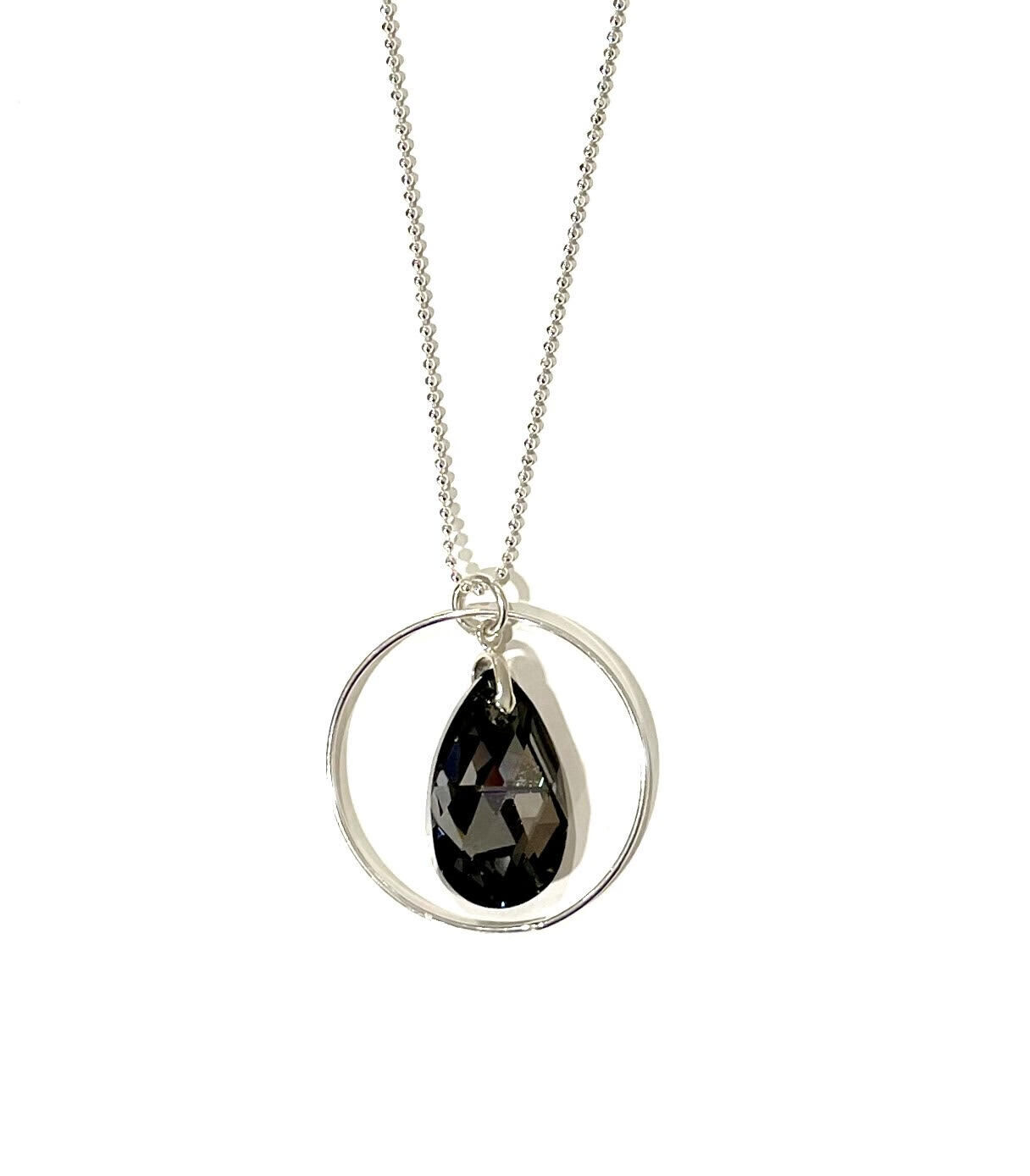 Black Pear Shaped Swarovski Crystal and Circle Necklace- Shy Giraffe 