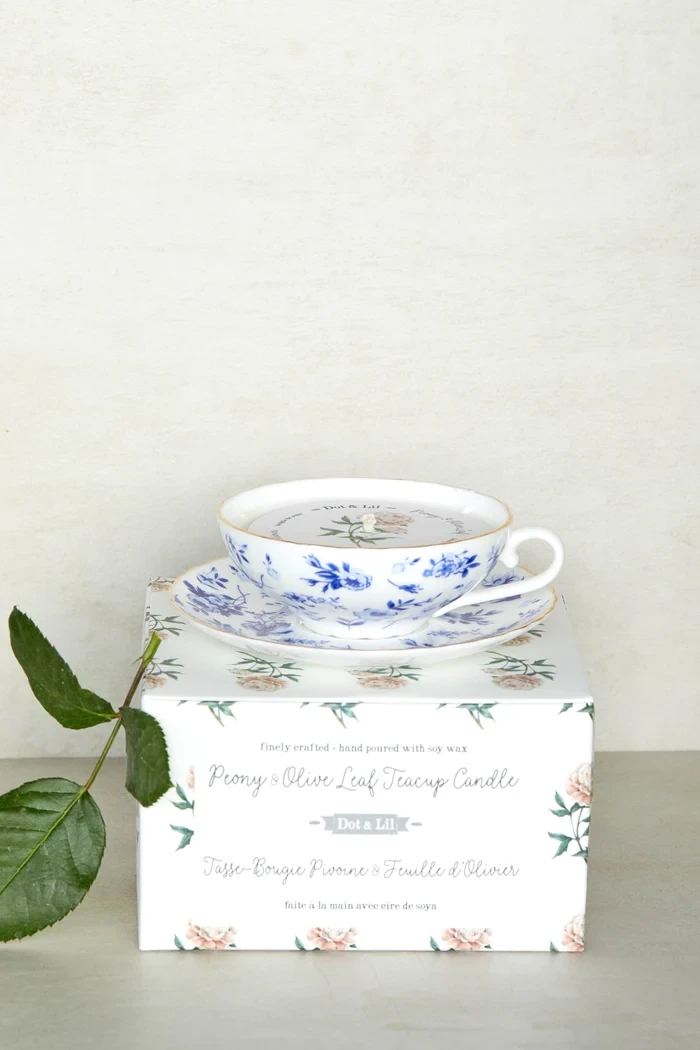 Peony and Olive Leaf Teacup Candle- Dot &amp; Lil