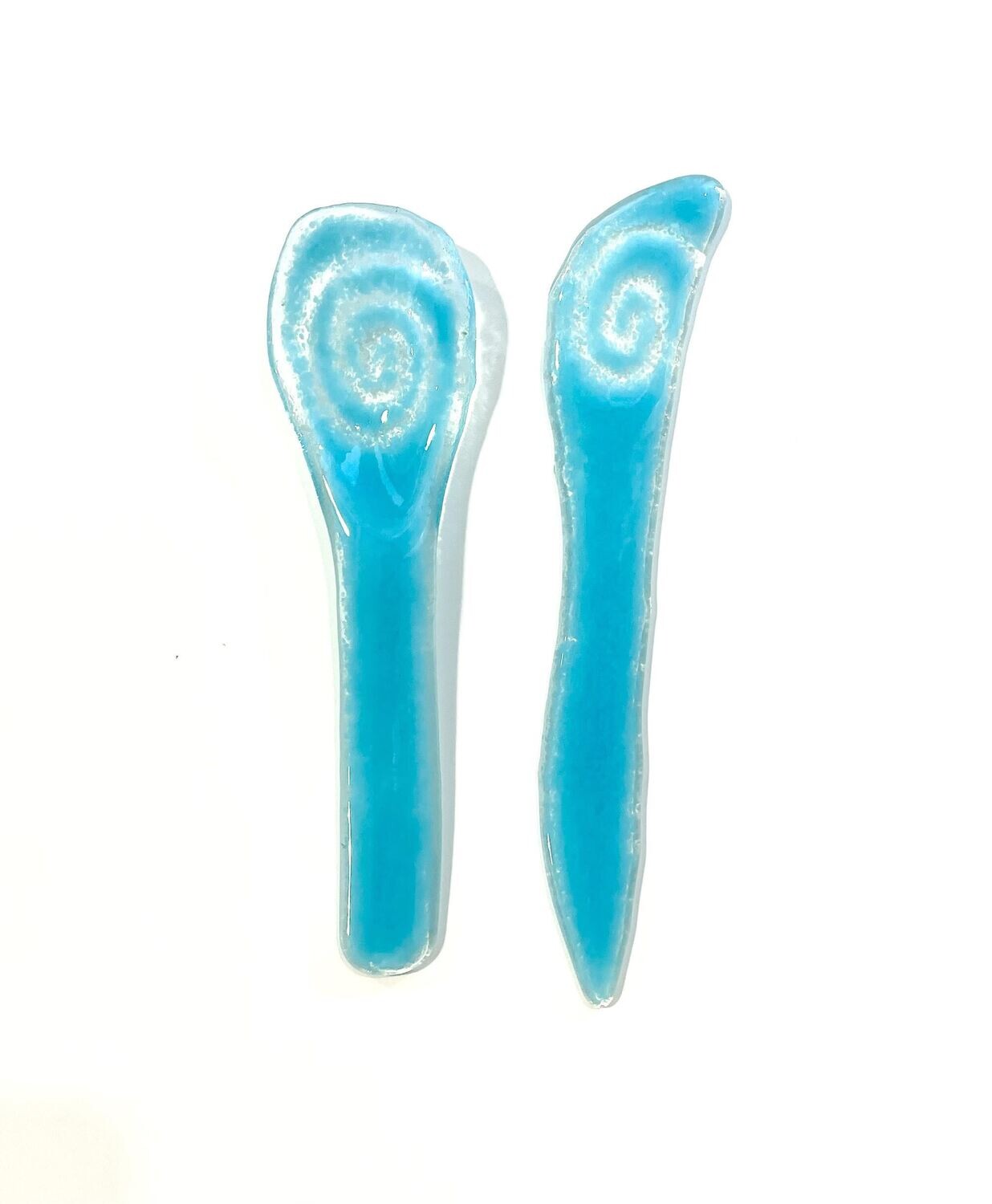 Light Blue Spiral Glass Spoon and Knife Set- Kiln Art