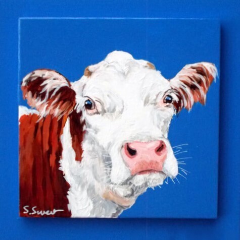 Enid the Hereford Cow on Bright Blue