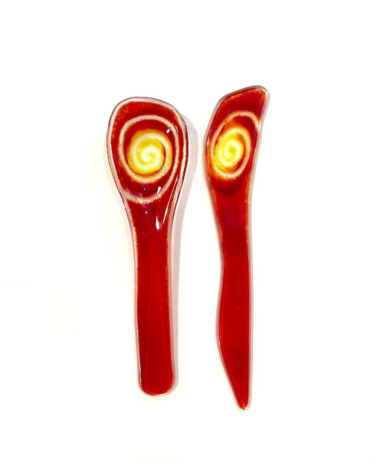 Red Spiral Glass Spoon and Knife Set- Kiln Art