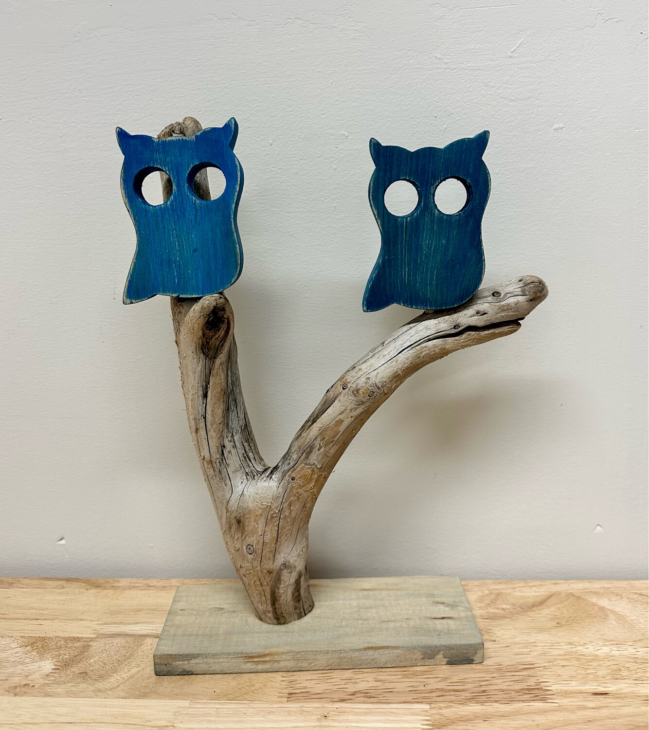 Dark Blue Owl Duo on Driftwood- Jerry Walsh