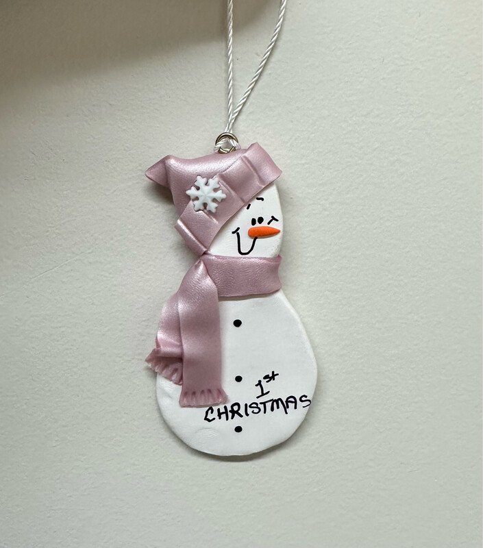 Clay Pink Snowman 1st Christmas Ornament