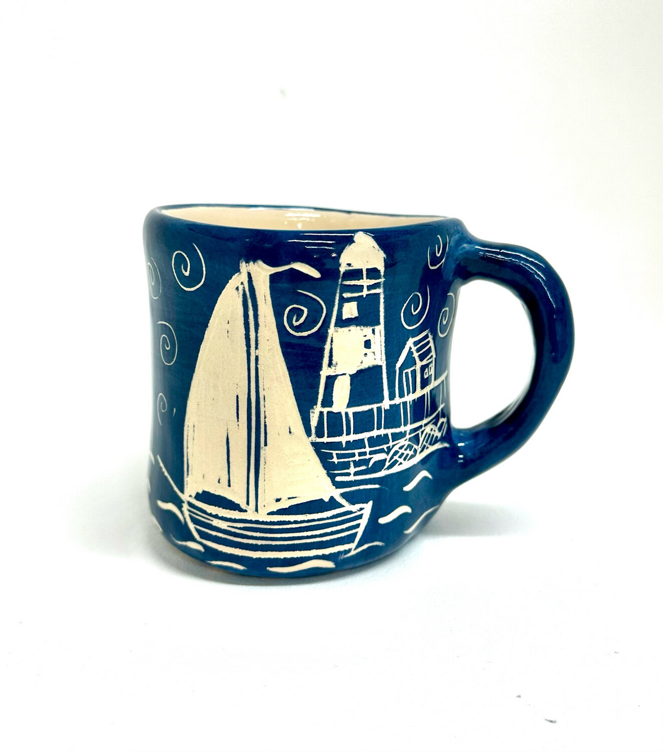 Sailboat &amp; Lighthouse Sgraffito Mug - Clayton Dickson 
