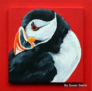 Dilly the Puffin on Red 