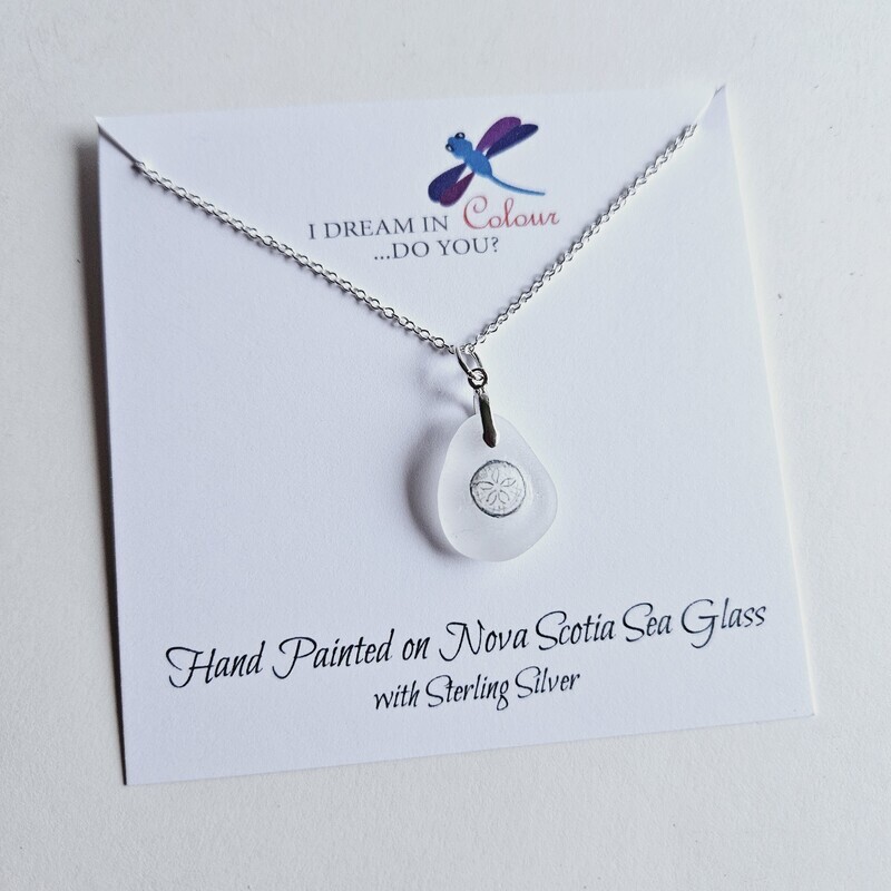 Painted Sand Dollar on Sea Glass Necklace- I Dream in Colour Painted Sand Dollar on Sea Glass Necklace- I Dream in Colour