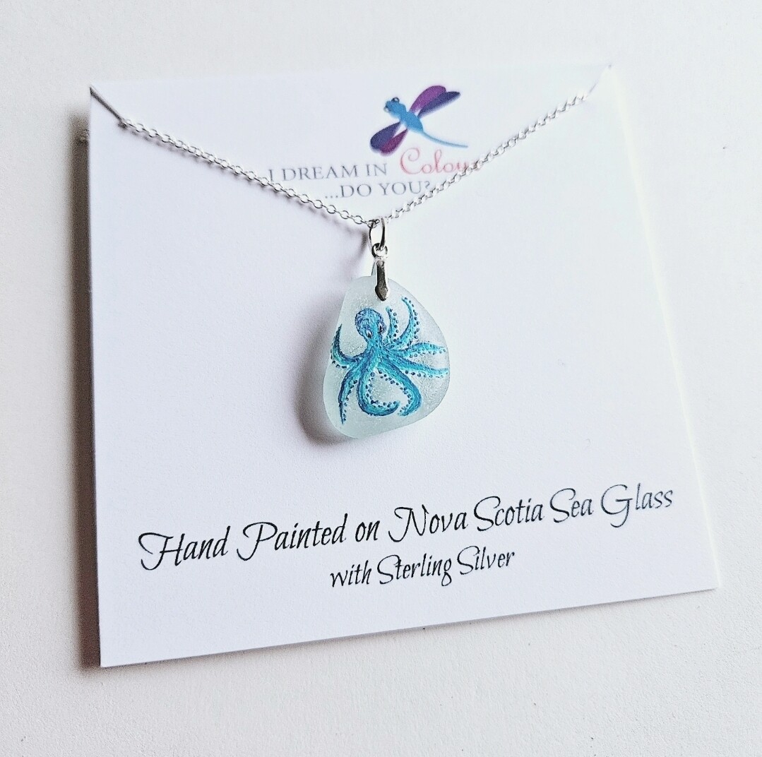 Painted Octopus on Sea Glass Necklace- I Dream in Colour