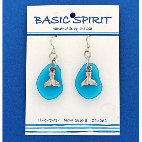 Whale Tail with Blue Sea Glass Earrings- Basic Spirit