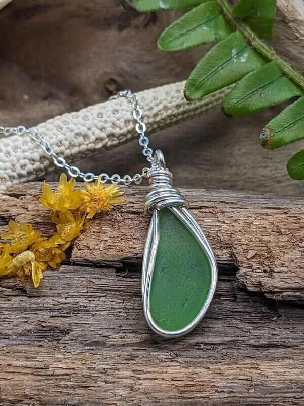 Large Green Seaglass Pendant- Kim's Beachy Designs