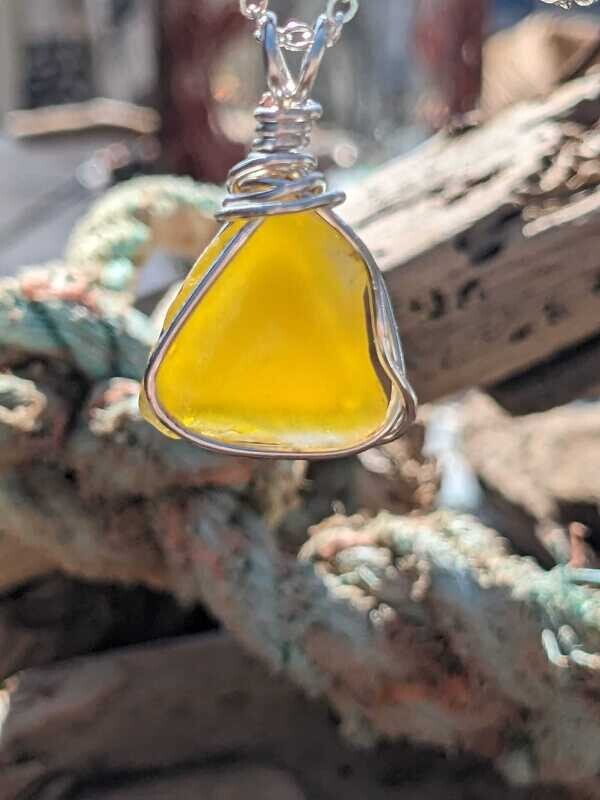 Small Yellow Seaglass Pendant- Kim's Beachy Designs