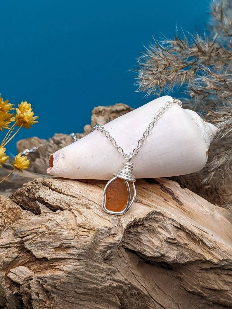 Small Amber Seaglass Pendant- Kim&#39;s Beachy Designs 